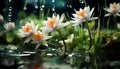 A tranquil scene of a single lotus flower in a pond generated by AI