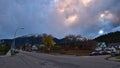 Tranquil scene in small town Jasper in the Canadian Rocky Mountains with empty streets, parking car and houses.