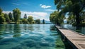 Tranquil scene summer forest, blue pond, green grass, mountain reflection generated by AI Royalty Free Stock Photo