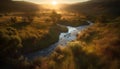 Tranquil scene sunrise over mountain range, reflecting in calm pond generated by AI Royalty Free Stock Photo