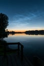 Tranquil scene after sunset near the calm water of a lake with shining night clouds NLC or noctilucent clouds in the sky