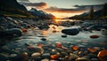 Tranquil scene sunset over mountain range, reflecting in calm water generated by AI Royalty Free Stock Photo