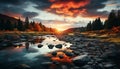 Tranquil scene sunset over mountain, reflecting in calm pond generated by AI Royalty Free Stock Photo