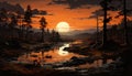 Tranquil scene sunset over mountain, reflecting in calm water generated by AI Royalty Free Stock Photo