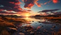 Tranquil scene sunset over mountain, reflecting in calm water generated by AI Royalty Free Stock Photo