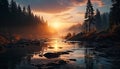 Tranquil scene sunset over mountain, reflecting in calm water generated by AI Royalty Free Stock Photo