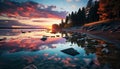 Tranquil scene sunset over mountain, reflecting in calm water generated by AI Royalty Free Stock Photo
