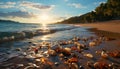 Tranquil scene, sunset over water, coastline, sand, relaxation, beauty generated by AI