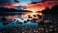 Tranquil scene of sunset over water, reflecting beauty generated by AI