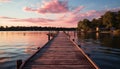 Tranquil scene sunset over water, wood jetty, nature beauty reflected generated by AI Royalty Free Stock Photo