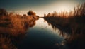 Tranquil scene sunset reflects on water, grass, and autumn trees generated by AI Royalty Free Stock Photo