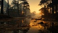 Tranquil scene sunset reflects on water, old ruined forest generated by AI