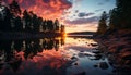 Tranquil scene sunset reflects on water, vibrant sky, serene forest generated by AI Royalty Free Stock Photo