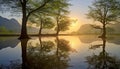 Tranquil scene, tree reflects sunset on water generated by AI Royalty Free Stock Photo