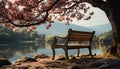 Tranquil scene tree, water, autumn, reflection, sunset, bench, grass generated by AI Royalty Free Stock Photo