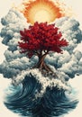 A tranquil scene of a tree and a wave, highlighted by a serene red moon in the background Royalty Free Stock Photo