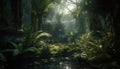 Tranquil scene: Tropical rainforest, animals, and water generated by AI