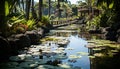 Tranquil scene tropical rainforest, lotus water lily, reflection in pond generated by AI Royalty Free Stock Photo