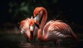 Tranquil scene of vibrant American flamingos wading in tropical pond generated by AI