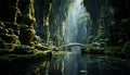Tranquil scene of a wet forest, mysterious rock, and green trees generated by AI