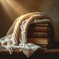 Sunlit Vintage Books with a Cozy Knit Blanket Royalty Free Stock Photo