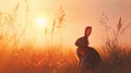 A tranquil scene of a wild rabbit enjoying the warmth of a golden sunrise amidst a field of tall grasses and delicate wildflowers Royalty Free Stock Photo