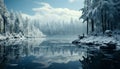 Tranquil scene winter forest, frozen pond, beauty in nature generated by AI Royalty Free Stock Photo