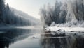 Tranquil scene of winter forest, reflection in frozen pond generated by AI Royalty Free Stock Photo