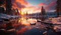 Tranquil scene winter forest, snow covered mountains, reflecting in frozen pond generated by AI Royalty Free Stock Photo