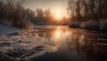 Tranquil scene of winter forest, sunset reflection on frozen pond generated by AI Royalty Free Stock Photo