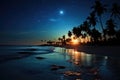 A tranquil scenery of a beach at night with palm trees gently swaying under the enchanting light of a full moon., A serene moonlit