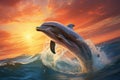 Tranquil seascape dolphins grace the sky and sea, creating a serene spectacle