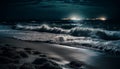 Tranquil seascape at dusk breaking waves, dramatic sky, idyllic vacation generated by AI