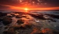 A tranquil seascape at dusk, with orange skies and waves generated by AI