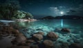 Tranquil seascape at dusk, reflecting milky way on waters edge generated by AI