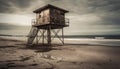 Tranquil seascape, lifeguard hut watches over water generated by AI