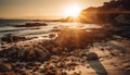 Tranquil seascape rock, wave, and sand meet at waters edge generated by AI Royalty Free Stock Photo