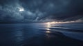A tranquil seascape at twilight with calm waters and dark stormy clouds reflecting light from the setting sun Royalty Free Stock Photo