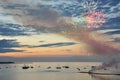 Seaside scene with fireworks.