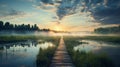 Tranquil and serene sunrise scene over a wooden path in the captivating summer swamp landscape Royalty Free Stock Photo