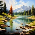 Tranquil Serenity: A Calming Landscape of Mountain Stream, Pine Trees, and Lake Royalty Free Stock Photo