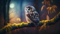 Ethereal Majesty: A Majestic Owl Perched Amidst the Forest\'s Serenity at Sunset. Generative AI