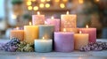 Tranquil setting with blooming cherry blossoms and lit candles on a rustic wooden surface Royalty Free Stock Photo