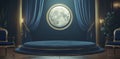 The tranquil setting is characterized by a floating moon, deep blue curtains, and a circular platform Royalty Free Stock Photo