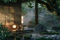 Japanese Garden With Lantern in the Center. Generative AI. Royalty Free Stock Photo