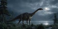 Melanorosaurus explores a serene landscape of lakes and mountains under moonlight Royalty Free Stock Photo