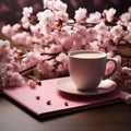 Tranquil setup, notebook, blooms, and coffee rest on pink table, exuding calmness