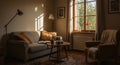 Cozy sitting area with soft sunlight streaming through curtains Royalty Free Stock Photo