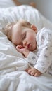 Tranquil sleep caucasian newborn peacefully resting in a cozy and serene white bed