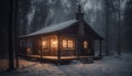 Tranquil snow covered log cabin illuminated by lantern generated by AI